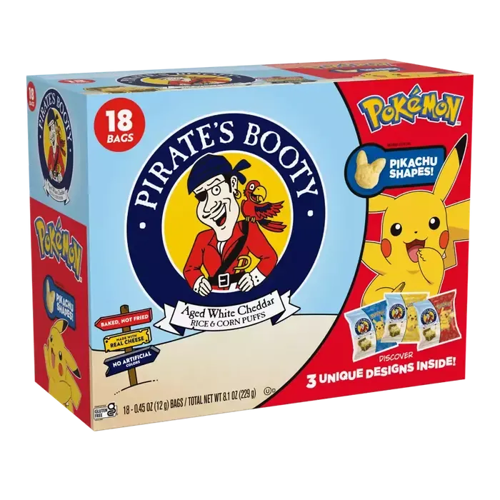 PIRATE'S BOOTY Pokémon Aged White Cheddar Rice & Corn Puffs, 0.5 oz Bags (18 Count)
